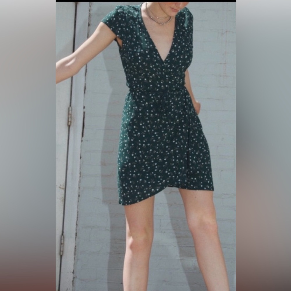 Brandy Melville Robbie green floral wrap mini dress, fits like medium